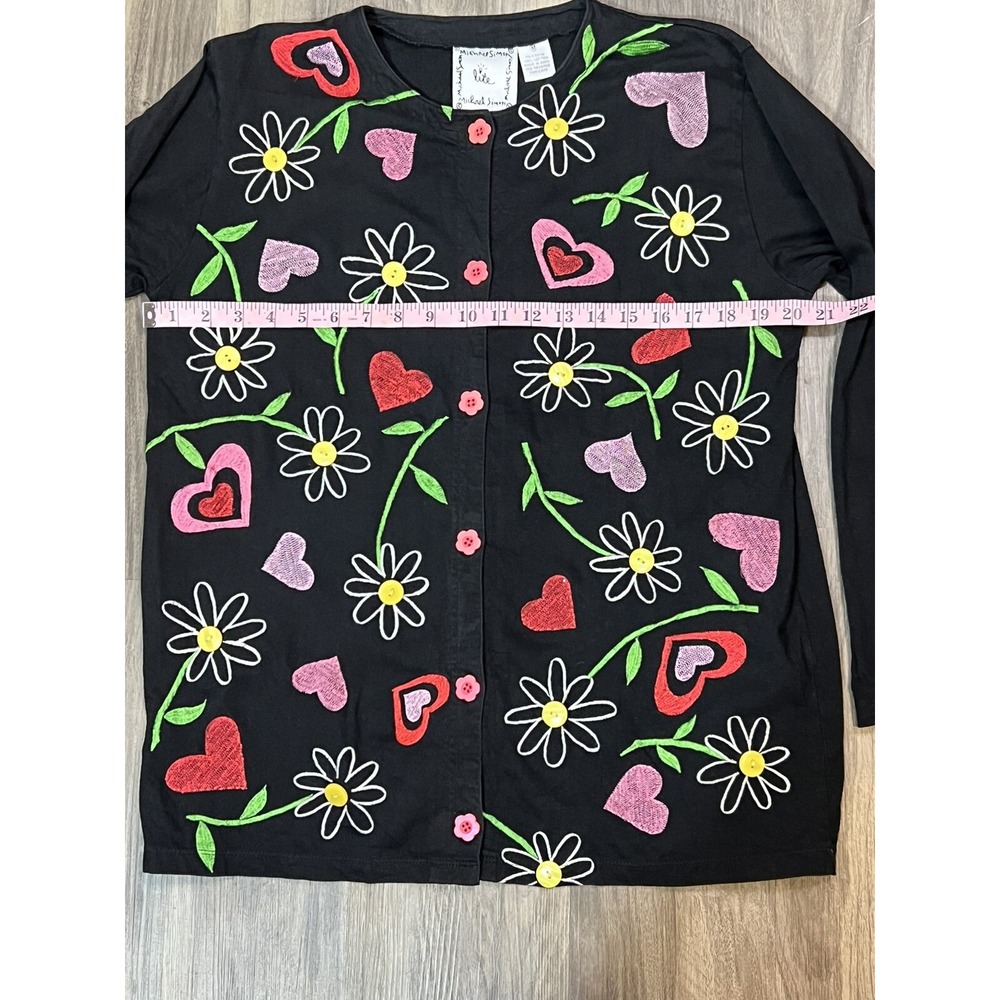 Michael Simon Lite Cardigan Women Medium Black‎ Floral Embroidery Sweater Boho - Picture 9 of 12